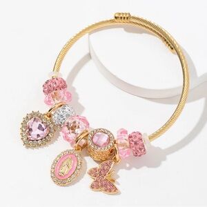 Virgin Mary Gold and Pink  adjustable Charm Bracelet